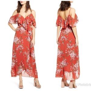 WAYF Red Floral Print Chiffon Midi Dress‎ Ruffle Off The Shoulder Size Small New